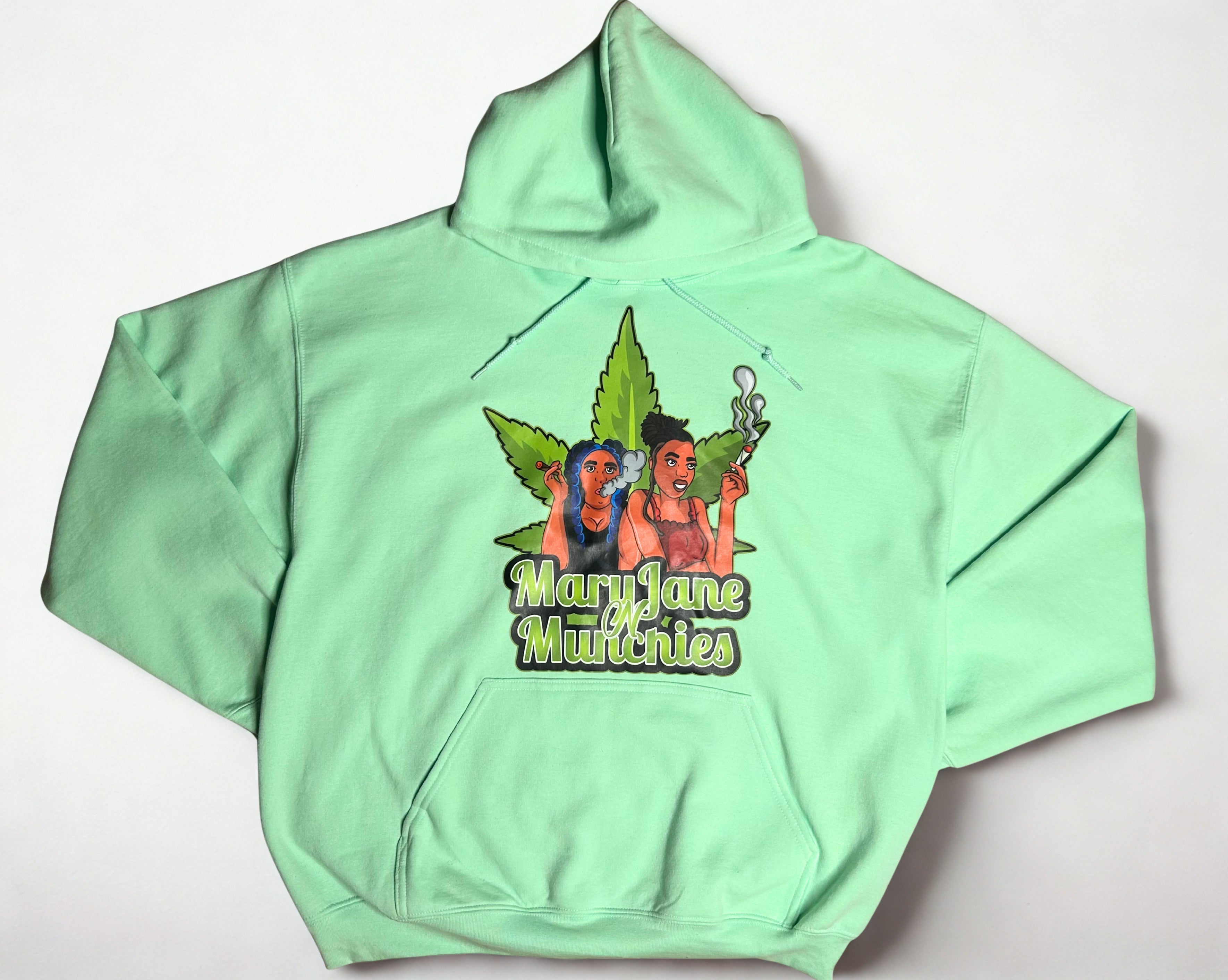Light green hoodie with 'Mary Jane Munchies' graphic on a white background