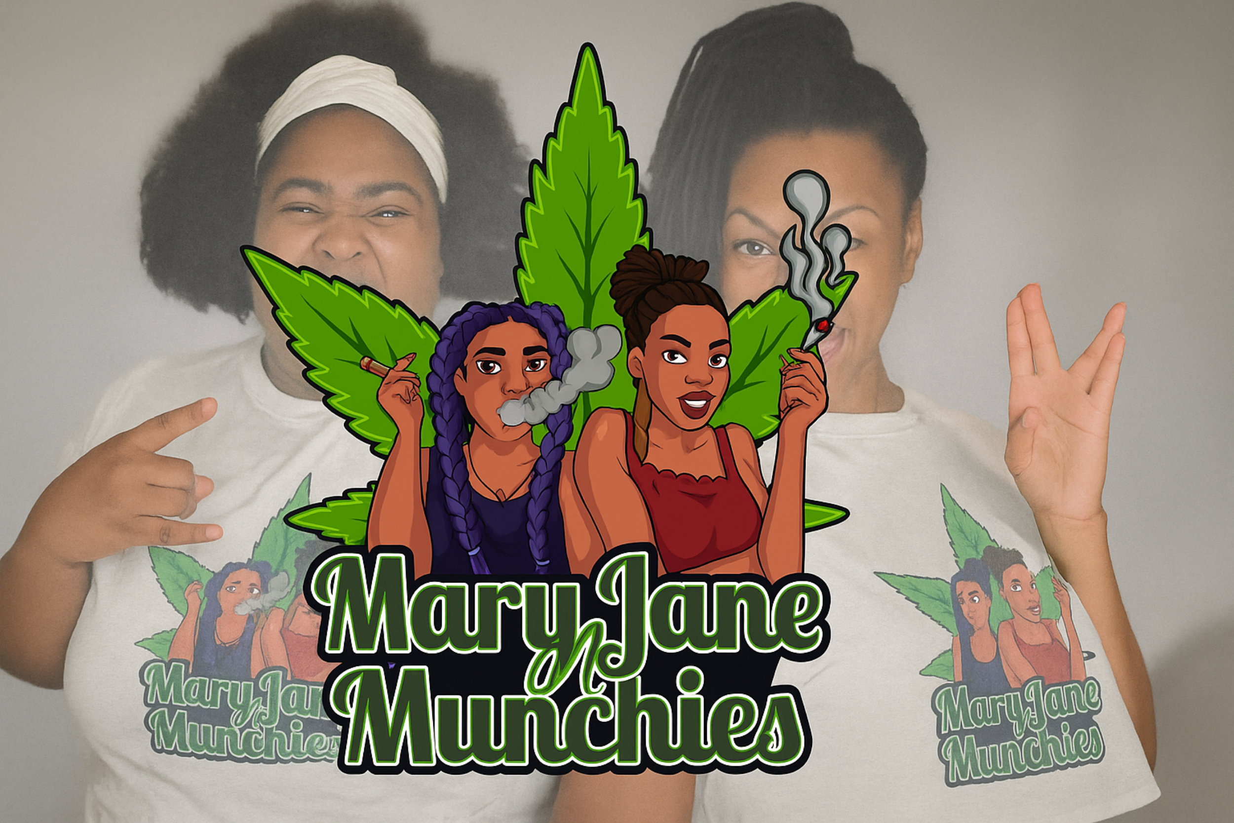 Two people wearing t-shirts with 'Mary Jane Munchies' graphics and text.