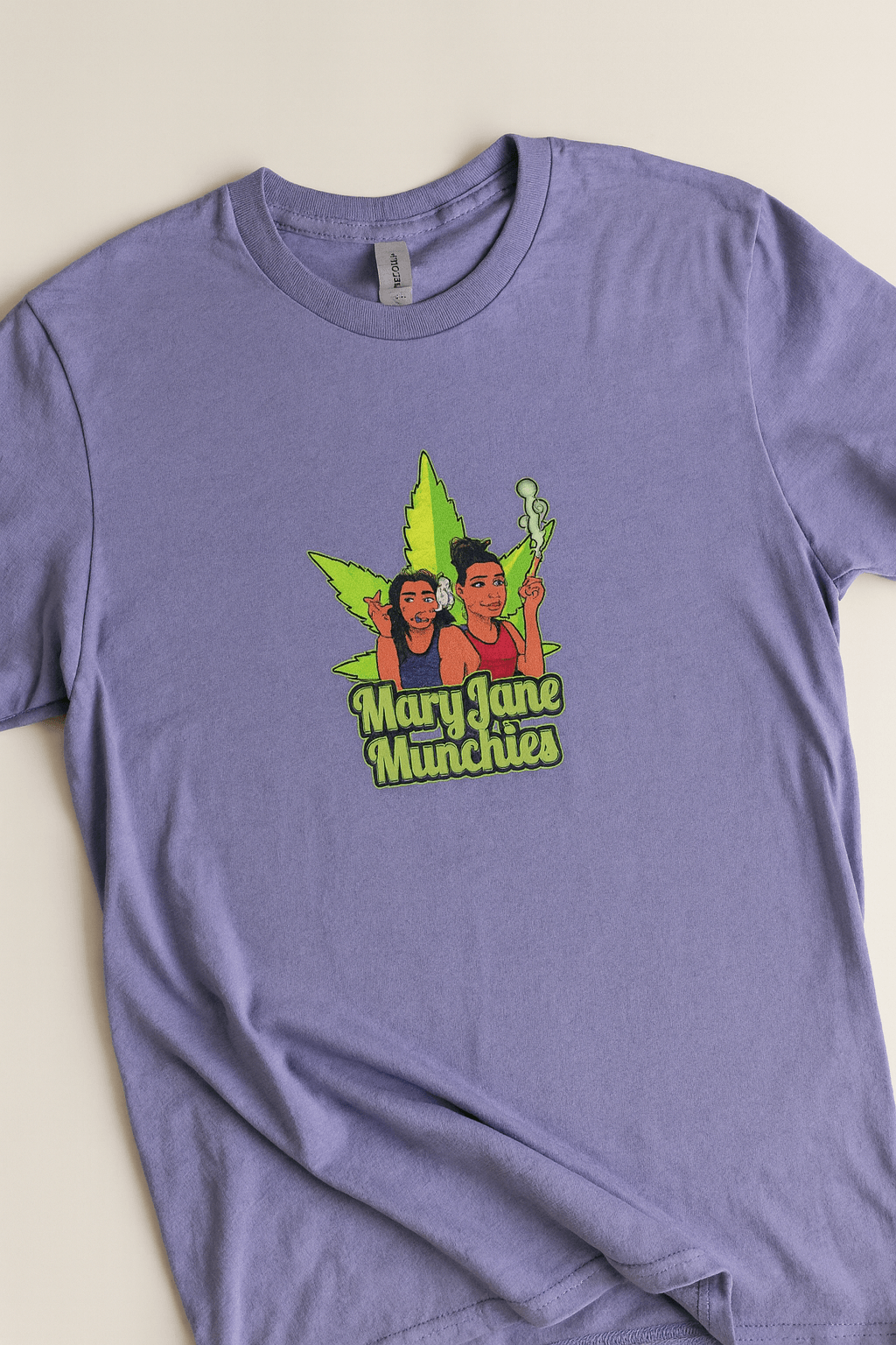 Close-up of MaryJane N Munchies OG Tee showing vibrant cannabis-themed graphic. Soft cotton streetwear tee for cannabis culture enthusiasts.