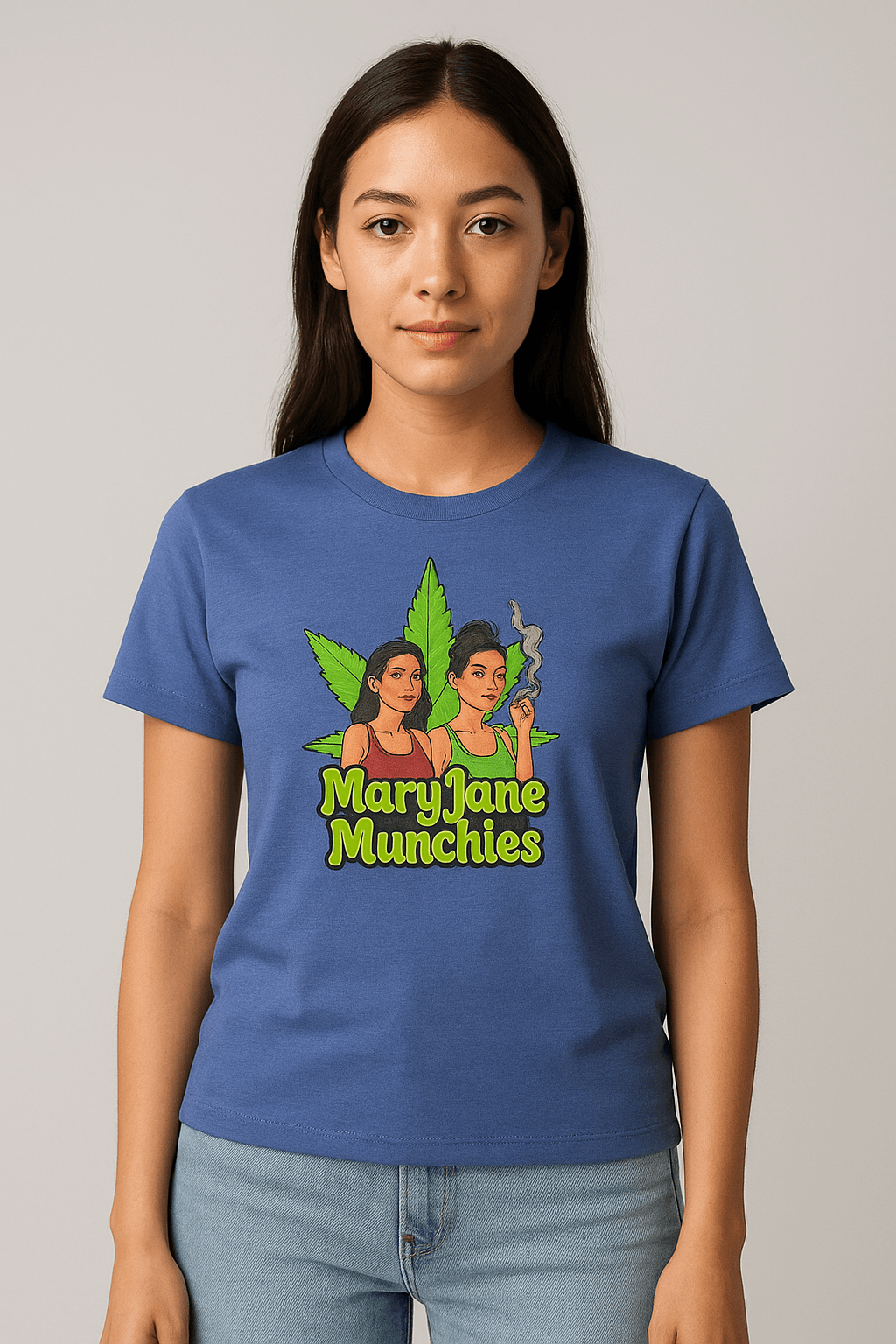 Model wearing MaryJane N Munchies OG Tee in blue, featuring cannabis leaf and cartoon duo graphic. Cannabis lifestyle streetwear for bold fashion.