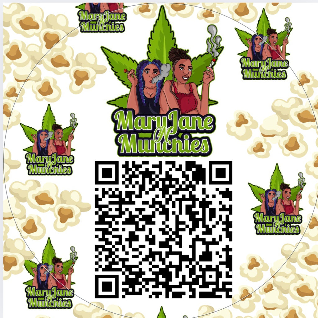 QR code with cartoon characters and popcorn on a white background