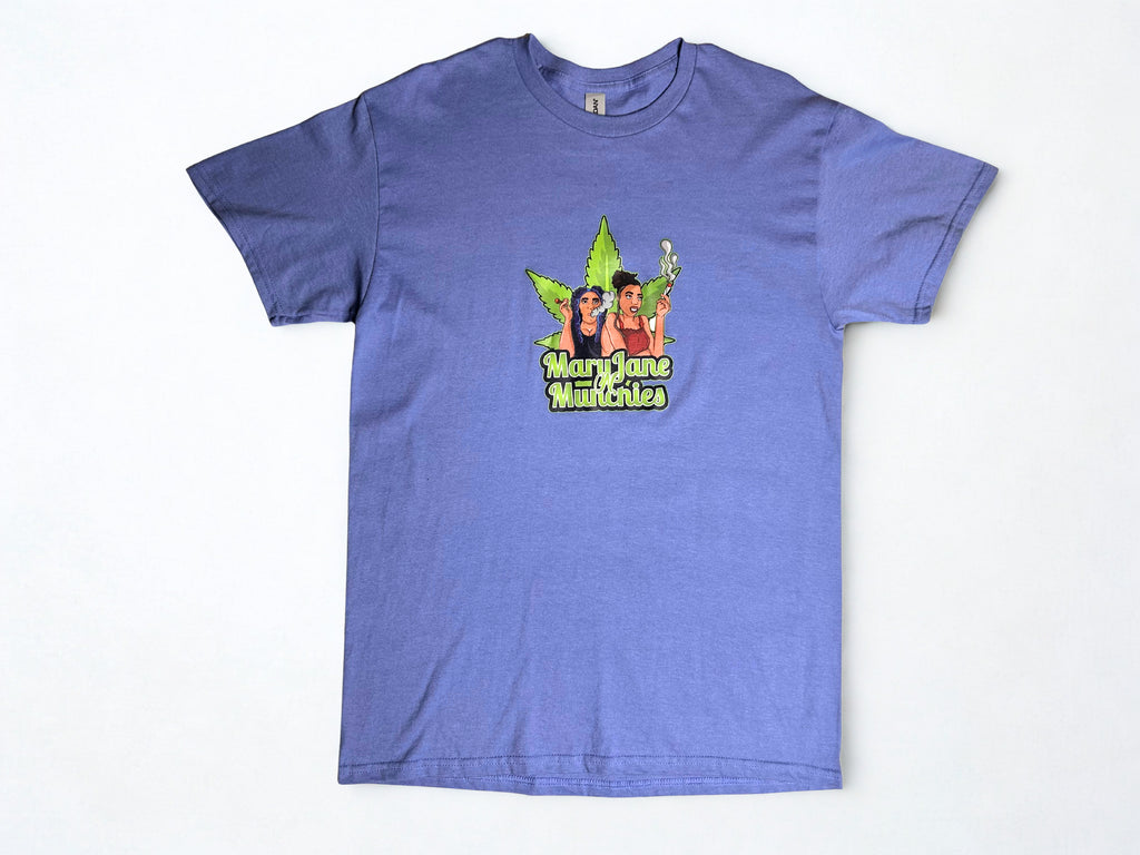 Flat lay of MaryJane N Munchies OG Tee in purple with cannabis leaf and cartoon characters. Trendy cannabis lifestyle streetwear T-shirt.
